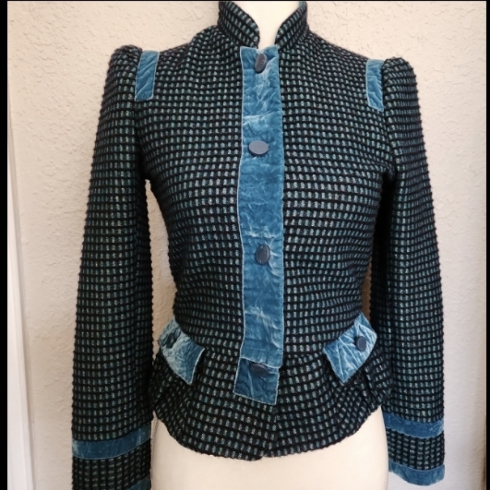 Y2K Marc Jacobs Peplum Blazer 2 Metallic Waffle Tweed Velvet Trim Jacket XS